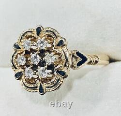0.20 Ct 14k Yellow Gold Diamond & Black Enamel Flower Ring Band Size 7