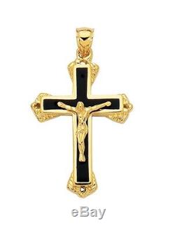 1 3/4 Onyx Black Enamel Crucifix Cross Pendant Charm Real 14K Yellow Gold