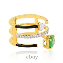1.67 TCW Zambian Emerald Cuff Ring Diamond Yellow 18K Gold Black Enamel Jewelry