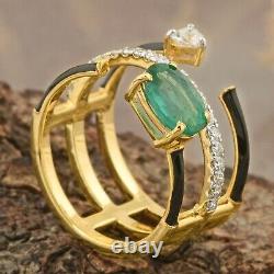 1.67 TCW Zambian Emerald Cuff Ring Diamond Yellow 18K Gold Black Enamel Jewelry