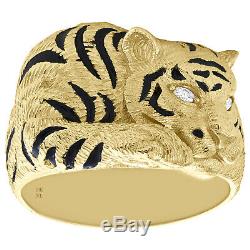 10K Yellow Gold Marquise Diamond Tiger / Panther Black Enamel Pinky Ring 0.05 CT