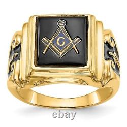 10K Yellow Gold Polished Textured Black Enamel & Onyx Masonic Ring for Men