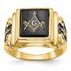 10k Yellow Gold Polished Textured Black Enamel & Onyx Masonic Ring For Men