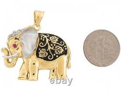 10k / 14k Two Toned Gold CZ Accent Black Enamel 3.2cm Good Luck Elephant Pendant