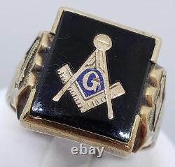 10k Yellow Gold Freemason Masonic Black Onyx Blue Enamel Ring Size 10