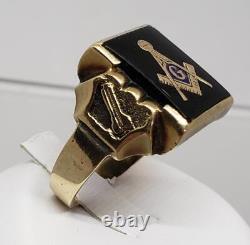 10k Yellow Gold Freemason Masonic Black Onyx Blue Enamel Ring Size 10