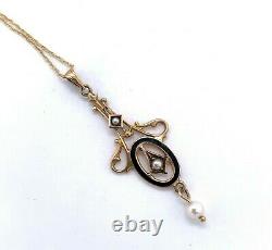 10k Yellow Gold Seed Pearls and Black Enamel Lavaliere Pendant (#J4956)