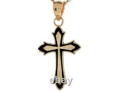 10k or 14k Real Gold Cross with Black Enamel Religious Charm Pendant