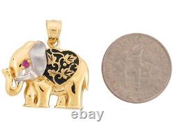 10k or 14k Two Tone Gold Simulated Ruby Black Enamel 2.3cm Elephant Pendant
