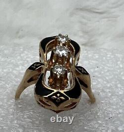 14 K Yellow Gold, Black Enamel Victorian Style Ring with3 diamonds 5.2 g Sz 7.5
