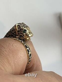 14K Gold Black Enamel Panther Leopard Green Emerald Eyes Ring Size 6 Signed JED