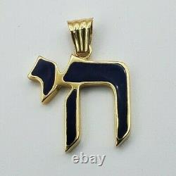 14K Solid Yellow Gold Jewish Chai For Pendant Black Enamel 30mm x 23mm 3.8 grams
