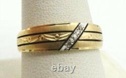 14K Y Gold 3 Diamond Black Enamel Grooved Tapered Ring Sz 9.5 6.2mm 4g S3257