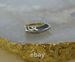 14K YG Interesting Black Enamel and Diamond Ring Size 7.5