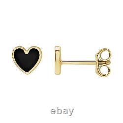 14K Yellow Gold 5.9x5.5 mm Black Enamel Heart Stud Earrings 0.86g