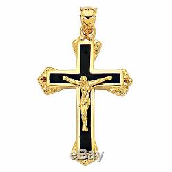 14K Yellow Gold And Black Enamel Crucifix Cross Mens Pendant 25 x 40 mm