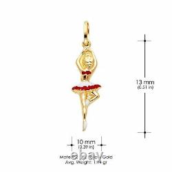 14K Yellow Gold Ballerina Red Color Enamel Charm Pendant For Necklace Chain