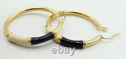 14K Yellow Gold Black & Cream Enamel Hoop Earrings 32mm 4.9g S1927
