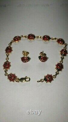 14K Yellow Gold Black Red Enamel Ladybug Link Bracelet 7 GGB/with earings/