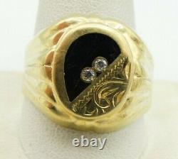14K Yellow Gold CZ Black Enamel Floral Etched Ring Size 12.5 18mm 5.3g S3314