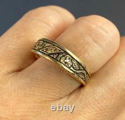 14K Yellow Gold Diamond Black Enamel Vintage Band Ring Botanical Leaves 10.5
