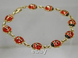 14K Yellow Gold Italy Red & Black Enamel Ladybug Chain Link Bracelet 7 6.4gr