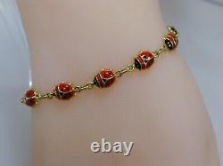 14K Yellow Gold Italy Red & Black Enamel Ladybug Chain Link Bracelet 7 6.4gr