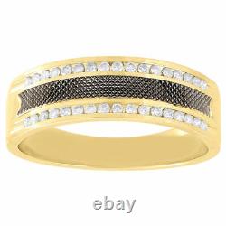 14K Yellow Gold Mens Diamond Textured Wedding Band Black Enamel Ring 0.27 Ct