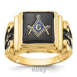 14K Yellow Gold Polished and Textured with Black Enamel and Onyx Masonic Ring