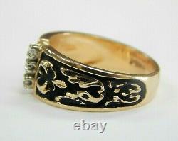 14KT Yellow Gold Vintage Three. 02CT Diamond Ring with Black Enamel, Size 6.5