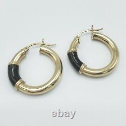 14k Gold & Black Enamel 1 Hoop Earrings