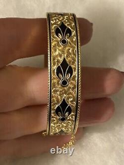14k Gold & Black Enamel Taille D'Epargne Bangle Bracelet Fleur de Lis 1890 Vict