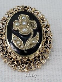 14k Gold Filigree Oval Flower Pearl Black Enamel Cameo Pendant Brooch Pin READ