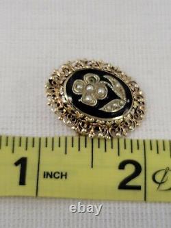 14k Gold Filigree Oval Flower Pearl Black Enamel Cameo Pendant Brooch Pin READ