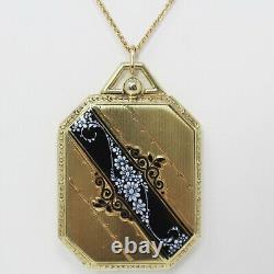 14k Gold Floral Black White Enamel Locket/Pendant CHOKER Necklace 14.75 B0576
