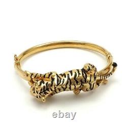 14k Gold Italy 3D Black Enamel Tiger Emerald Eyes Bangle Bracelet 13 grams 7in