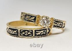 14k Gold Vintage Wedding Set. Diamond Solitaire with Band Black Enamel Accents