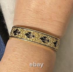 14k Gold With Black Enamel Taille D'Epargne Bangle Bracelet Fleur de Lis 1890