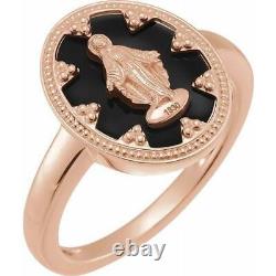 14k Rose Gold Black Enamel Oval Miraculous Medal Ring Size 7