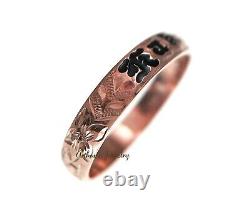14k Rose Gold Hand Engraved Hawaiian Plumeria Scroll Black Enamel Band Ring 4mm