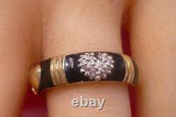 14k Solid Gold Heart Pave set Diamonds Black Enamel Ladies Band Ring Vintage