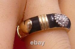 14k Solid Gold Heart Pave set Diamonds Black Enamel Ladies Band Ring Vintage