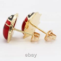 14k Solid Yellow Gold Red & Black Enamel Ladybug Earrings 2.7 grams