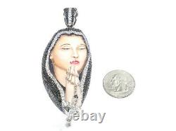 14k White Gold 9.00ct Round Cut White / Black Diamond Saint Mary Enamel Pendant