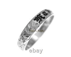 14k White Gold Hand Engraved Hawaiian Plumeria Scroll Black Enamel Band Ring 4mm