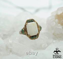 14k White & Yellow Gold Opal Art Deco Filigree Green Black Enamel Ring