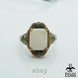 14k White & Yellow Gold Opal Art Deco Filigree Green Black Enamel Ring