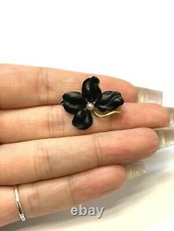 14k Yellow Gold Black Enamel Flower With Pearl Center Brooch Pin 24mmx16mm