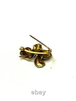 14k Yellow Gold Black Enamel Flower With Pearl Center Brooch Pin 24mmx16mm