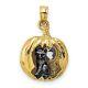 14k Yellow Gold Carved Pumpkin Charm Pendant With Cat And Moon Inside